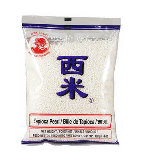 A package of Cock Brand Tapioca Pearl, 400g, with product information and branding visible.