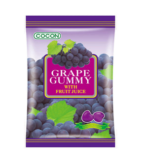 A package of Cocon brand Grape Gummy with Fruit Juice. The package is colored purple and has images of grapes on it.