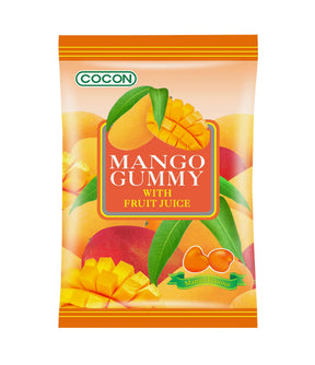 Packaging of Cocon Mango Gummy with Fruit Juice, showing the product name and images of mangoes, gummy candies, and leaves against an orange background.