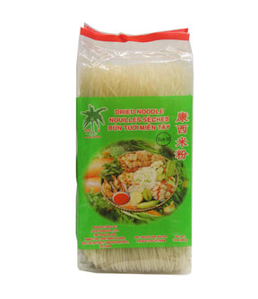 Packaged dried noodles (bun tuoi mien tay) from Coconut Tree brand, with green label showing the product name and an image of the noodles in a dish.