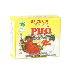 A yellow packaged spice cube labeled 'SPICE CUBE PHO PREPARATION POUR PHO BO SOUP SEASONING' with an illustration of a bowl of pho soup on the front.