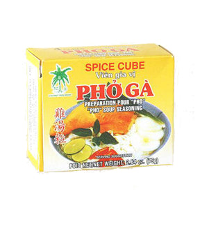 A packaged spice cube product labeled 'Coconut Tree - Spice Cube for Pho Ga (Chicken) 75g', with branding and product information displayed on the package.