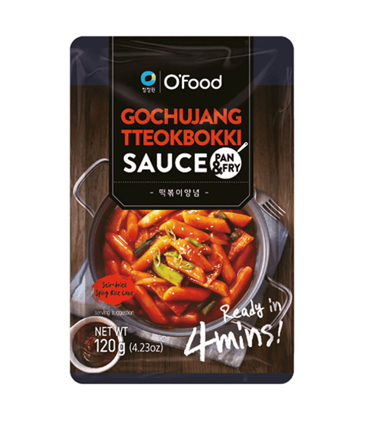 Packaging of Daesang Gochujang Tteokbokki Sauce featuring an image of the spicy rice cake dish, text detailing the product name and weight, and branding.