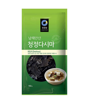 Packaging of Daesang Kelp (Dashima) showing the product name, weight, and an image of the kelp in water, against a green background.