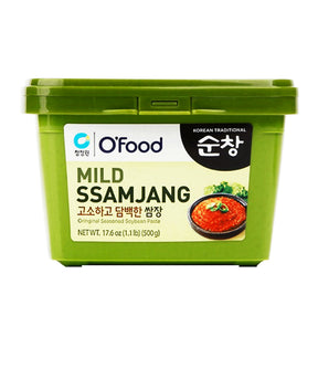 A packaged product of Daesang Seasoned Soybean Paste (Mild Ssamjang) in a green container with Korean text and an image of the product.
