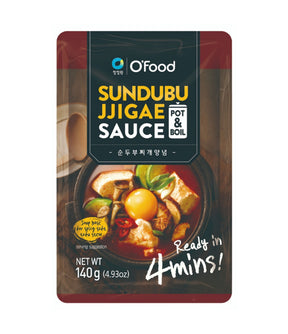 Packaging of Daesang Spicy Soft Tofu Stew Sauce featuring an image of the stew and the text indicating it is ready in 4 minutes.