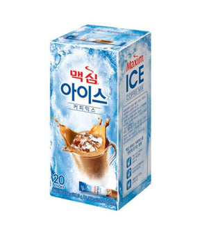 A box of Dongsuh Maxim Ice Coffee Mix, depicting a splash of ice coffee.