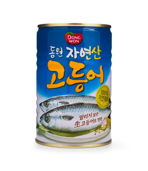 A canned mackerel product from Dongwon, with the label showing the fish and Korean text, indicating it is a product of Korea.