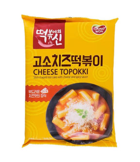 Yellow package of Cheese Topokki with Dongwon branding on a white background