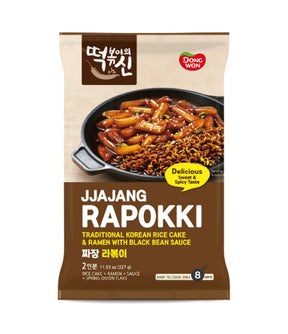 Packaging of Dongwon Jjajang Rapokki with a bowl of food on a beige background