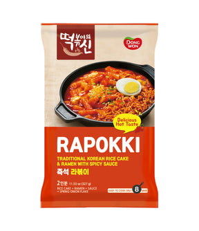 Packaging for Dongwon Rapokki, featuring an image of the product which is a spicy Korean rice cake with noodles, also showing a egg on top.