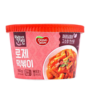 Packaging of Dongwon Rosé Topokki, showing the product name, weight, and an image of the noodles with sauce.