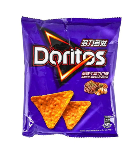 Purple Doritos snack bag with triangular chips on a white background