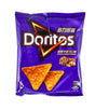 Purple Doritos snack bag with triangular chips on a white background