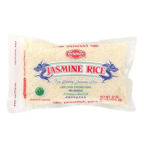Packaging of Dynasty Jasmine Rice 907g, with the product visible through a clear window.