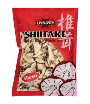 Packaged dried sliced shiitake mushrooms in a red and white bag with Chinese characters and the brand 'Dynasty'.