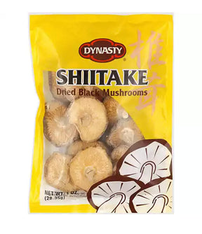 Packaging of Dynasty Shiitake Dried Black Mushrooms showing the product visible through a transparent window, with a yellow background.