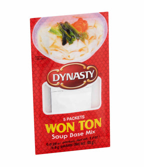 Packaging of Dynasty Wonton Soup Base Mix showing the product name and an image of wonton soup with vegetables and bonito flakes on the front.