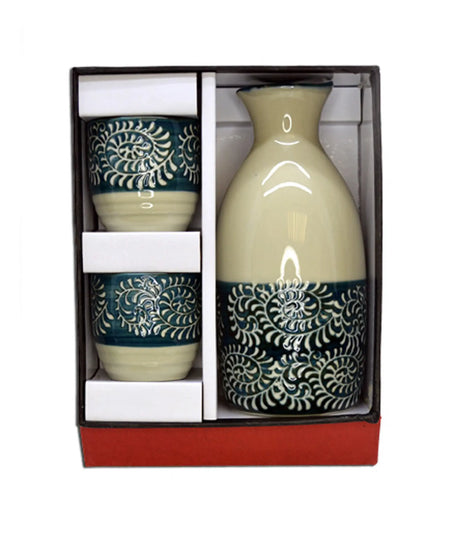 Ceramic sake set with bottle and two cups in a box