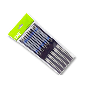 A pack of five-pair hollow stainless steel chopsticks with blue swirl design, displayed in clear packaging with a green lid.