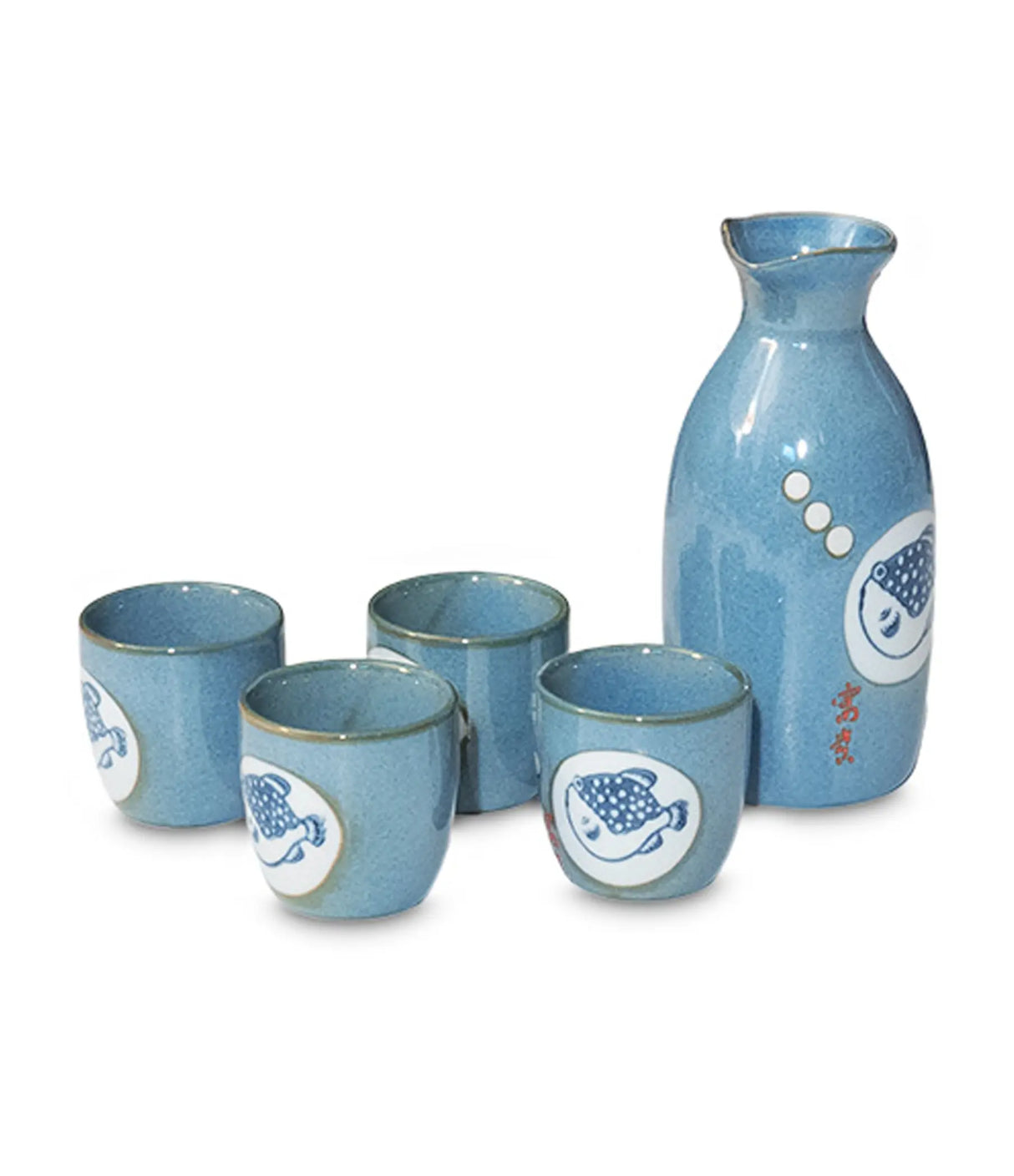 Set of blue ceramic cups and a carafe with fish design on a white background