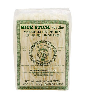 Packaging of Erawan Rice Stick Vermicelle de Riz, showing a clear plastic window displaying the rice sticks inside, with green and red text on the label indicating it is a product of Thailand.