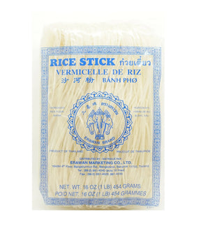 Packaged rice sticks labeled as 'ERAWAN - Rice Stick (S) 454g', product of Thailand, with blue decorative patterns on the packaging.