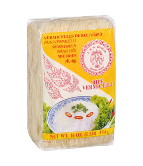 Packaged rice vermicelli noodles under the brand Erawan, with product information and branding visible on the package.