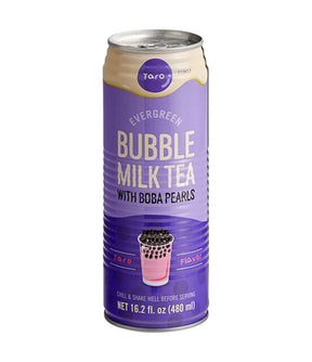 A single can of Taro Evergreen Bubble Milk Tea with Boba Pearls, featuring a purple label with cream and white text, on a solid white background.