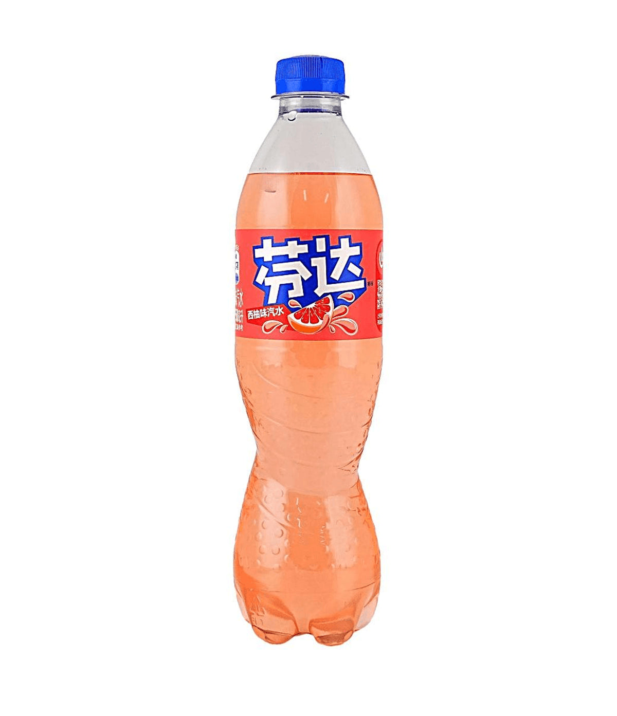 A bottle of Fanta citrus soda in a clear plastic bottle with a blue cap, filled with orange-tinged liquid, and featuring a red label with Chinese branding on a white background.