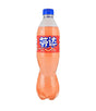 A bottle of Fanta citrus soda in a clear plastic bottle with a blue cap, filled with orange-tinged liquid, and featuring a red label with Chinese branding on a white background.