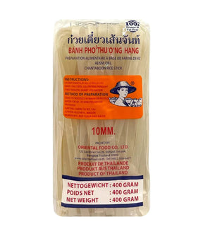 Packaging of Farmer Brand Chantaboon Rice Stick 10mm, weight 400g, with product information and branding visible.