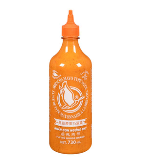A bottle of Flying Goose Sriracha Mayo Type Sauce with an orange cap and label, containing 730ml of sauce.