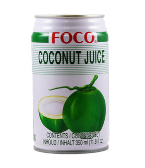 A can of Foco brand coconut juice featuring the image of a whole coconut and a half coconut with a drink in it.