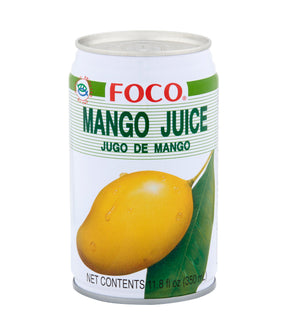 A can of Foco Mango Juice featuring an image of a mango and leaves on a white background, with text indicating the product is a 24x350ml beverage.