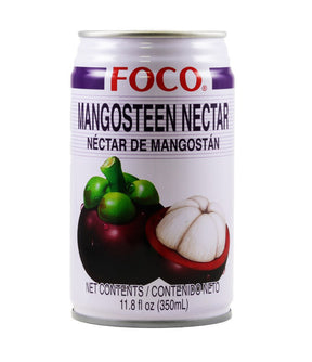 A can of Foco Mangosteen Nectar, with an image of the mangosteen fruit on the label, indicating it is a product of Thailand.