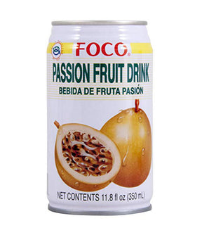 A can of Foco Passion Fruit Drink with an image of a passion fruit cut in half, seeds visible, on a white background.