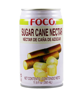 A can of Foco Sugar Cane Nectar, with an illustration of sugar cane and the text 'NET CONTENTS 350ml' displayed.