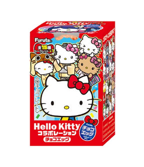 Hello Kitty product packaging with multiple characters on a red background