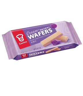 Packaging of Garden brand Cream Wafers with purple sweet potato flavor, showing the product name and images of the wafers.