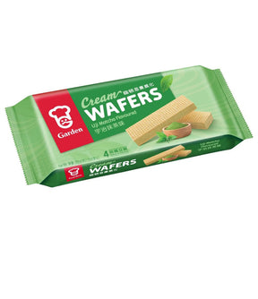 Packaging of Garden Cream Wafers with Uji Matcha Flavoured, showing the product name, weight, and matcha wafer images.