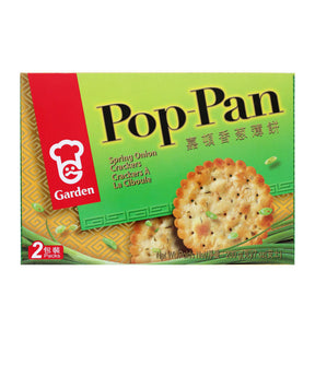 Packaging for Garden Pop-Pan Spring Onion Crackers 200g, with the product visible in the foreground.