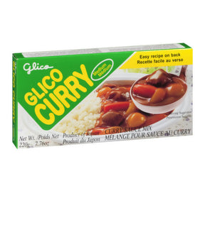 Packaging of Glico Curry Sauce Mix featuring the product name, image of the prepared curry dish, and text indicating it is a product of Japan.