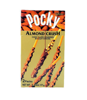 Packaging of Glico Pocky Biscuit Sticks Almond Crush 41g, displaying the product name and almond crush imagery, with two packs contained within.