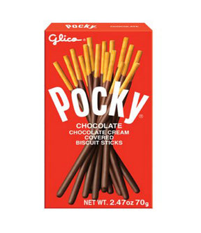 A package of Glico Pocky Biscuit Sticks with chocolate cream coating, showing the product name and the image of the sticks on the front.