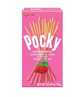 A box of Glico Pocky Biscuit Sticks Strawberry, showing the biscuit sticks and a strawberry on the front, with a pink background.