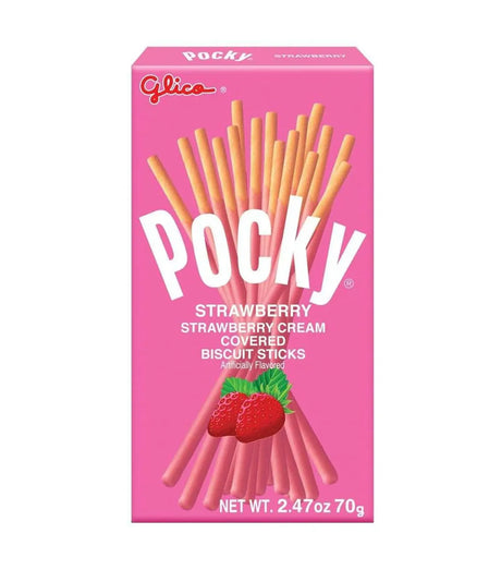 A box of Glico Pocky Biscuit Sticks Strawberry, showing the biscuit sticks and a strawberry on the front, with a pink background.