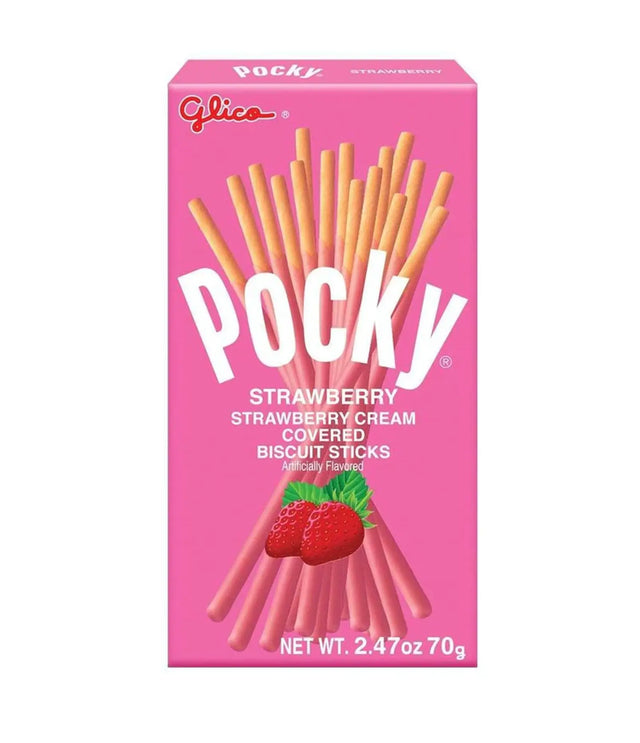 A box of Glico Pocky Biscuit Sticks Strawberry, showing the biscuit sticks and a strawberry on the front, with a pink background.
