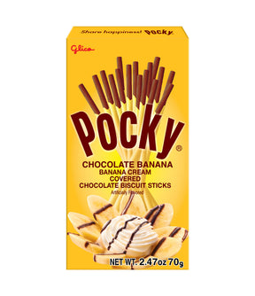 Packaging of Glico Pocky Chocolate Banana Biscuit Sticks Cream Coated 70g, displaying the product name and an image of the biscuit sticks.
