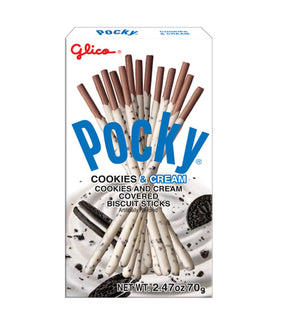 Packaging of Glico Pocky Cookies & Cream Biscuit Sticks Cream Coated 70g showing the product name and images of the biscuit sticks.